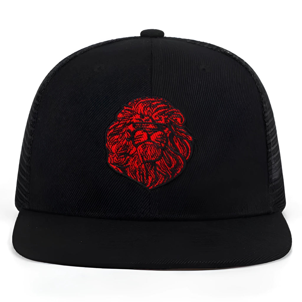 Cotton baseball cap with lion face embroidery in black color adjustable size