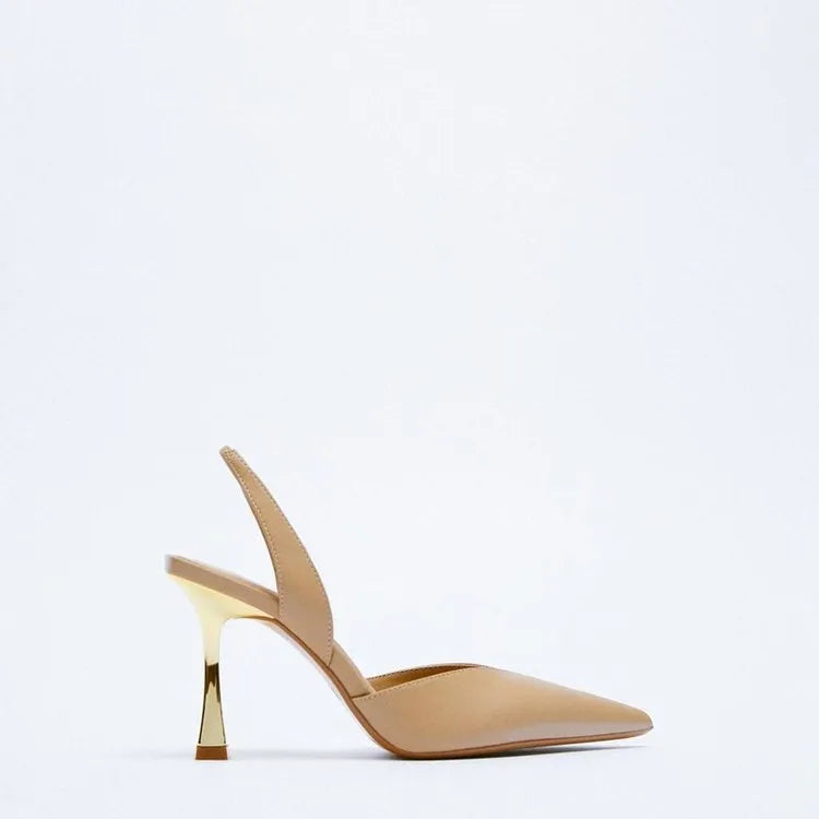 Apricot patent leather pointed high heels for women with a shallow mouth design on a white background.