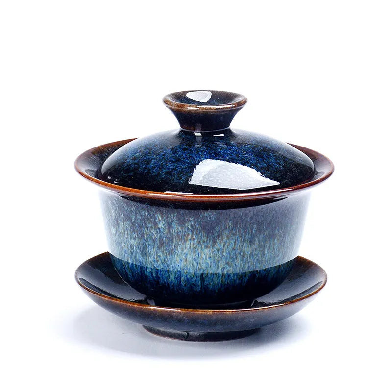Three-piece ceramic tea set with covered bowl and teacups, transmutation glaze finish in five colours