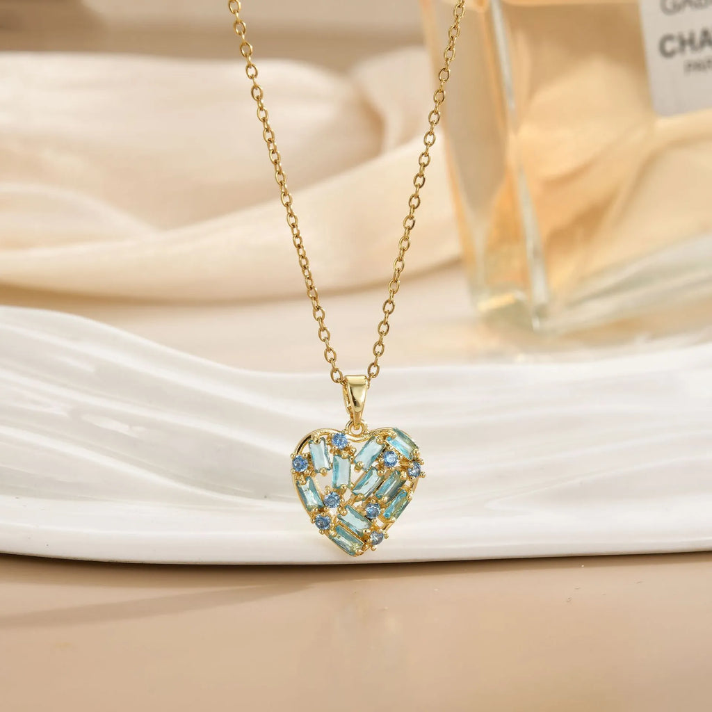 Copper heart pendant necklace with zircon accent on O-ring chain, electroplated finish, gold blue colour option