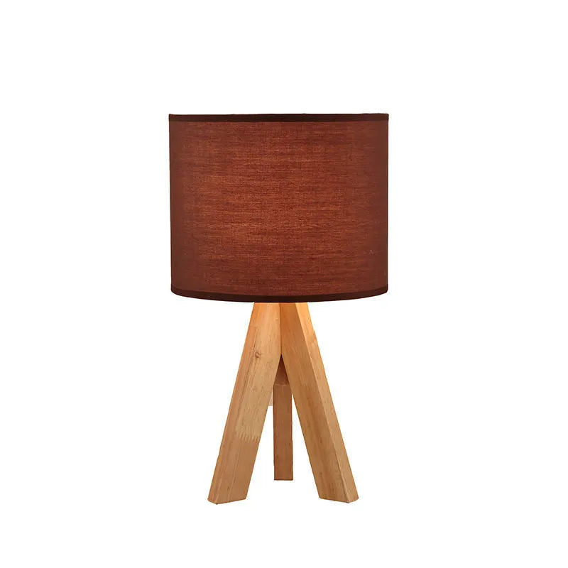Japanese style solid wood table lamp with fabric lampshade in linen trumpet colour, bedside use