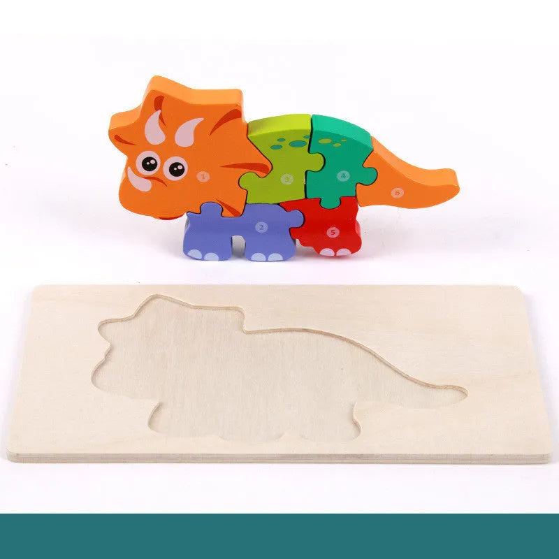 Wooden building blocks for children's 3D dinosaur puzzles including T-Rex and Triceratops