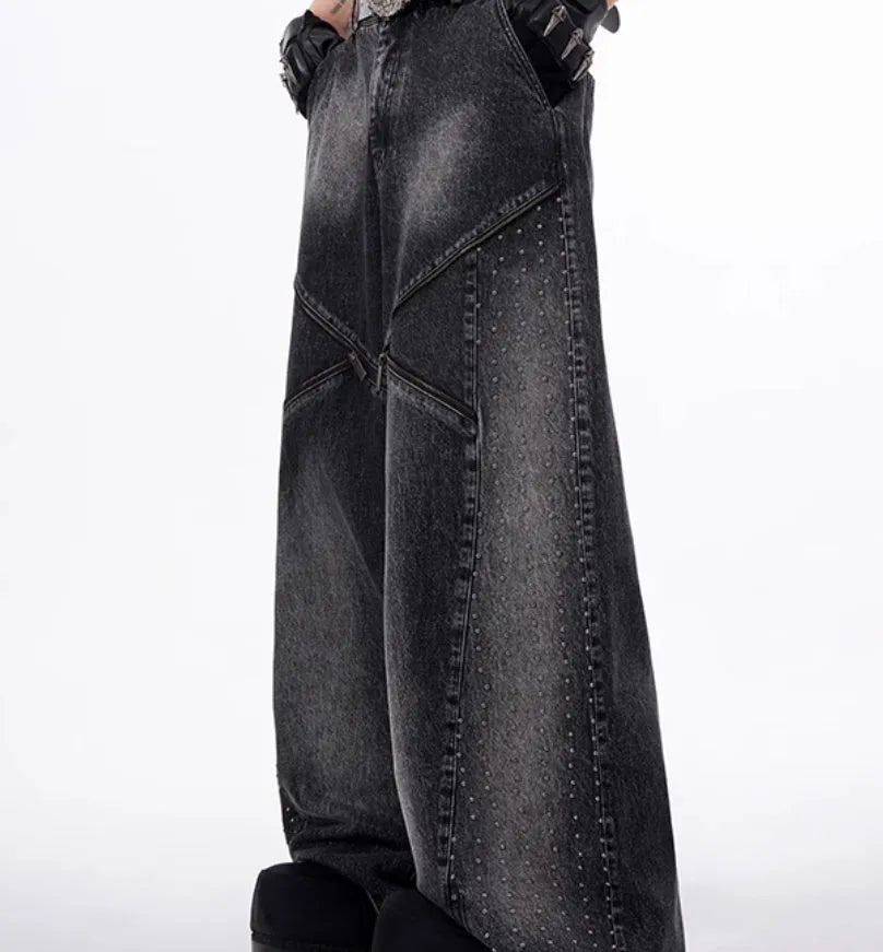 Korean style wide leg trousers and matching waistcoat set in black and grey washed denim fabric