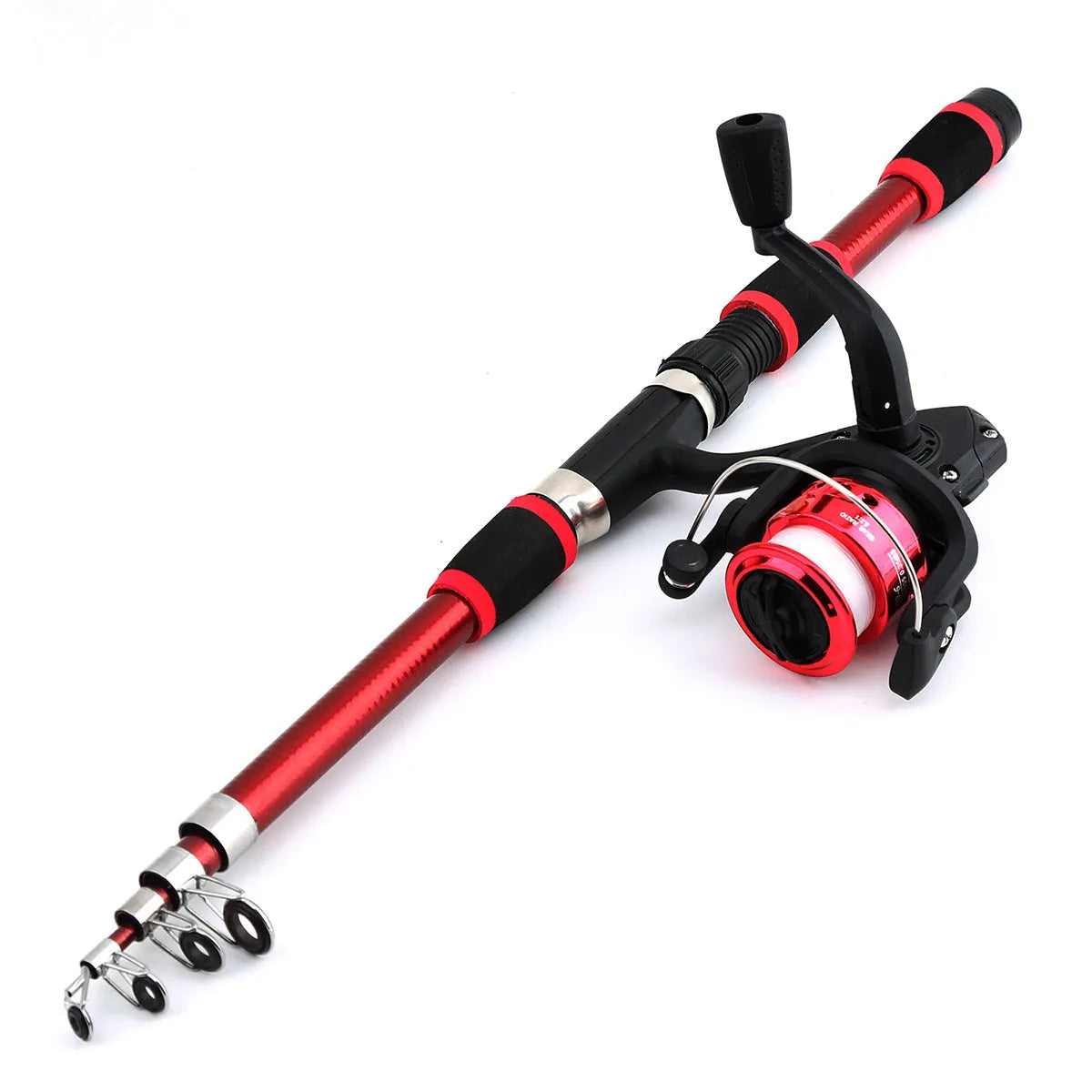 Blue children's fishing rod and reel set with matching tackle box on a grassy bank.