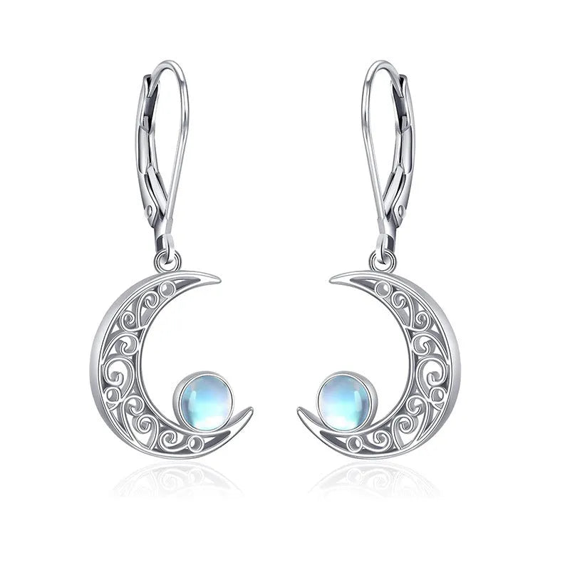 Silver moonstone drop earrings with tremella white fungus ring and hollow out moon design