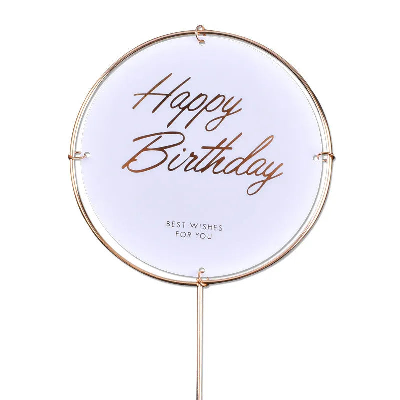 Acrylic happy birthday cake inserting decoration with plastic card and wrought iron stand in butterfly pink style
