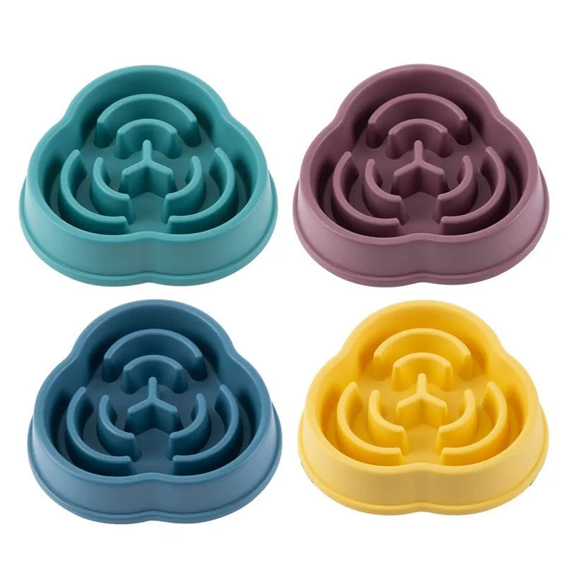 Plastic pet slow feeding dog bowl in colour option with anti-skid base and anti-choke design