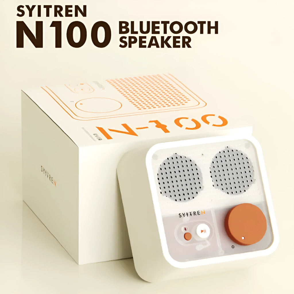 Mini retro Bluetooth speaker in Milk White with compact design, 105mm x 105mm x 50mm