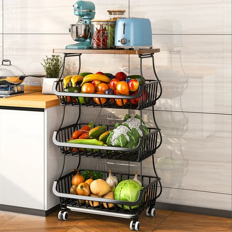 Black six layer freestanding kitchen storage trolley with carbon steel construction
