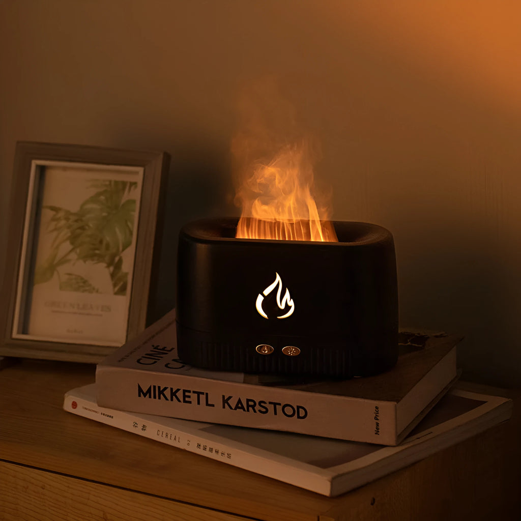 Flame humidifier aroma diffuser in white or black, 230ml tank, 171*76*102mm, USB powered with flame effect