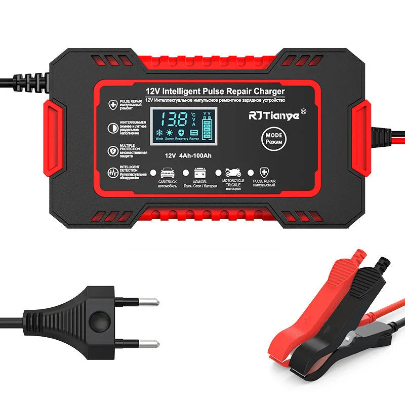 Car battery charger for lead acid batteries red US standard reverse connection protection on-screen display