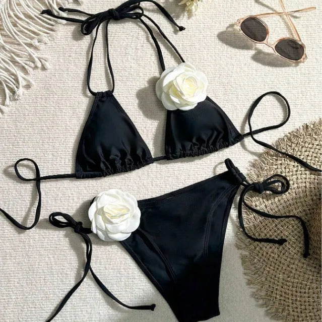 Black two-piece bikini with 3D flower lace detail and a split backless briefs design.