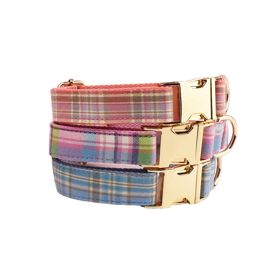 Sky blue grid pattern dog collar and leash set with matching bow and vest accessories