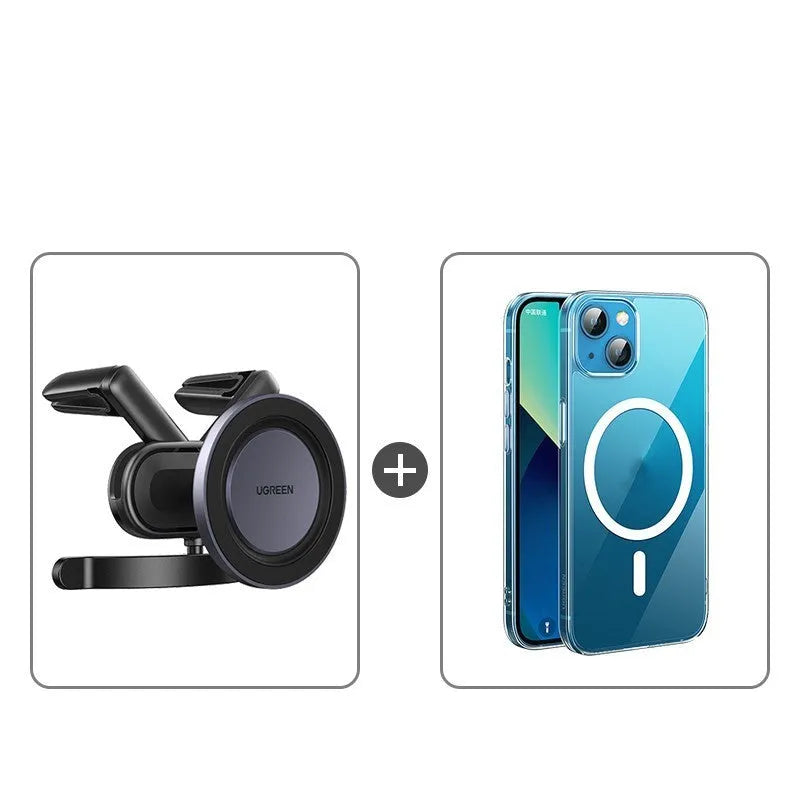 Black magnetic suction mobile phone holder with double tail clip for air vent, compatible with iPhone 12-14