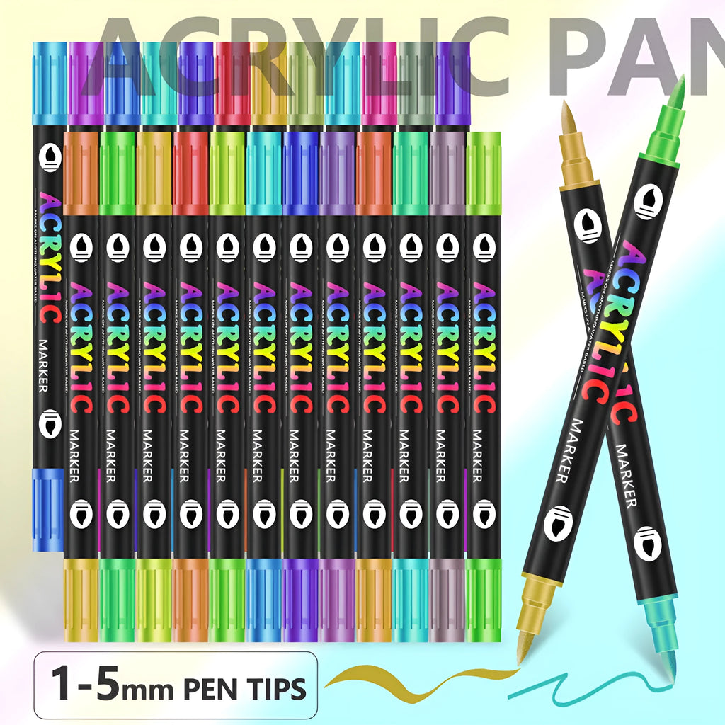 Double-headed acrylic marker pens with washable opaque ink in various colours for fabric and art projects