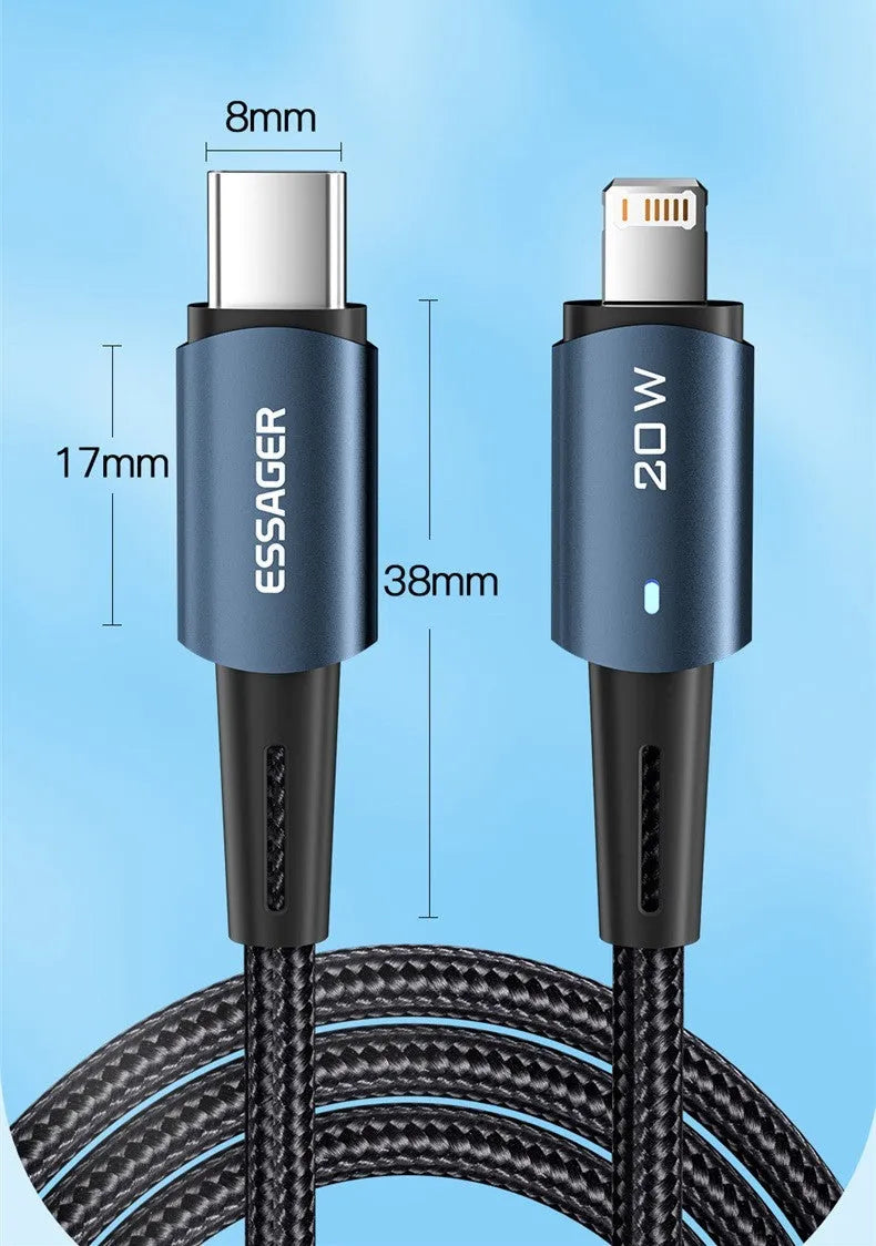 USB-C to Lightning fast charging cable with aluminium alloy connectors in black, showing length options.