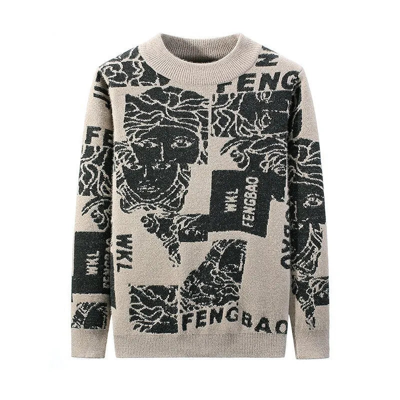 Autumn winter thick mink velvet round neck long sleeve pullover sweater in gray with slim fit and printed details for women