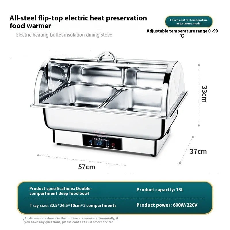 Stainless steel electric buffet stove with transparent flip lid showing LCD temperature control