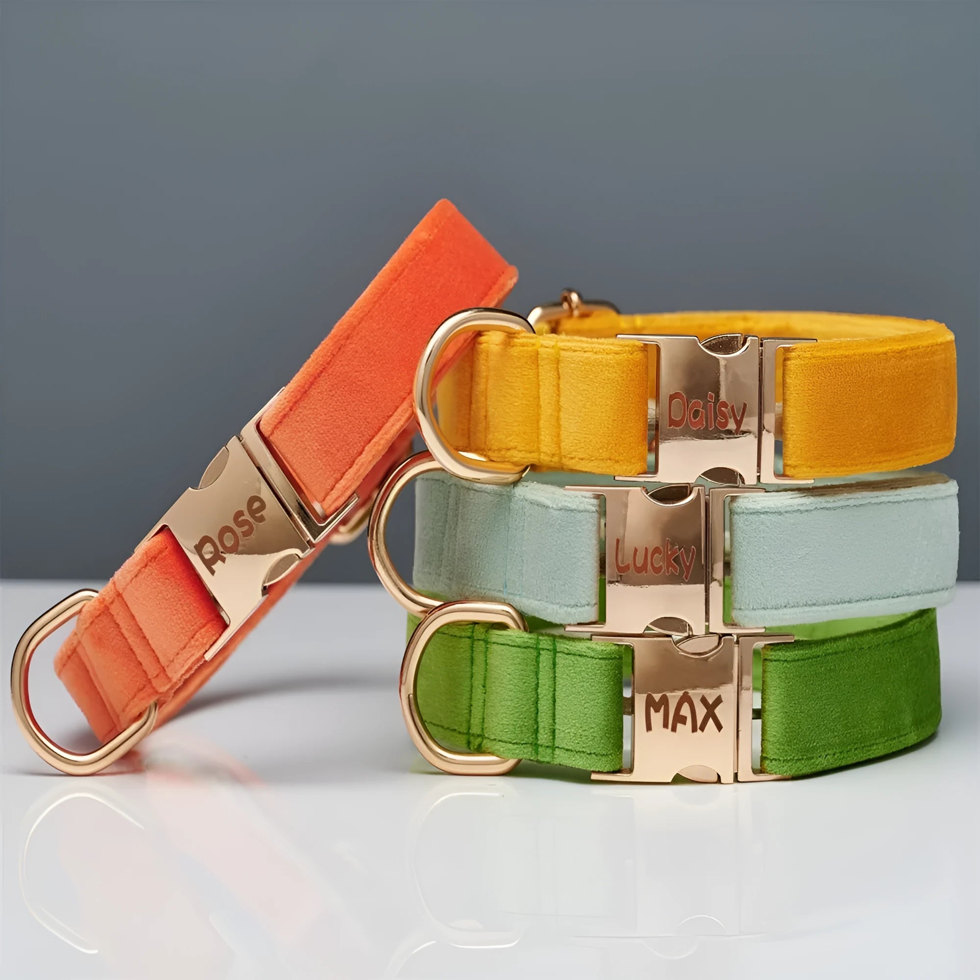 Striped wool dog collar in coral orange with attached leash on a neutral background