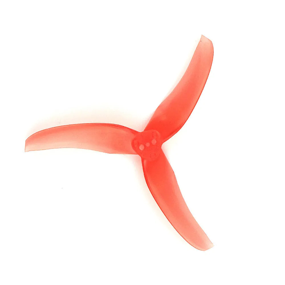 Four red plastic machete screw paddle blades, 90mm diameter, 2.8in pitch, on white background