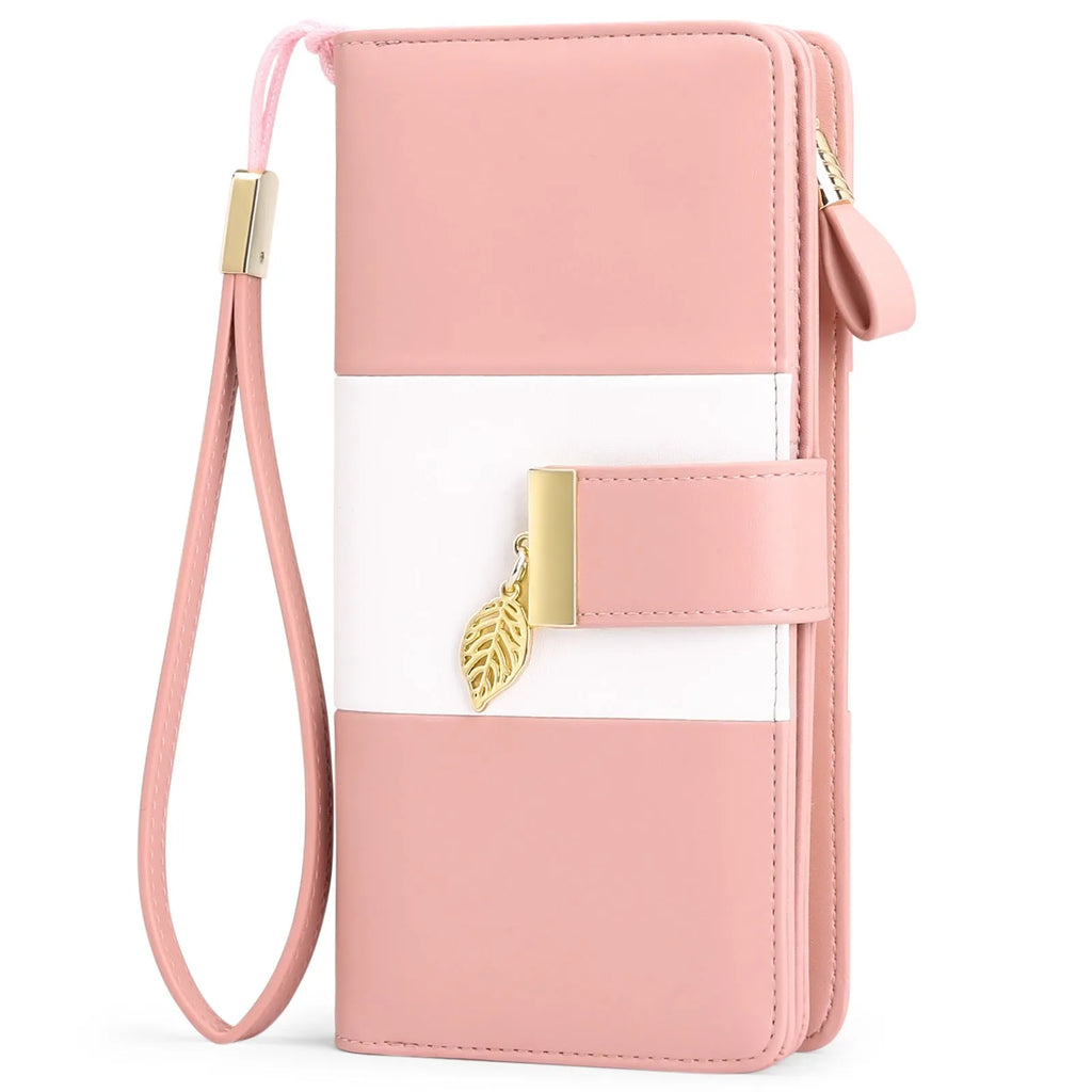 Midnight black women's PU leather clutch bag with a lock closure, shown open to reveal RFID-blocking wallet compartment.