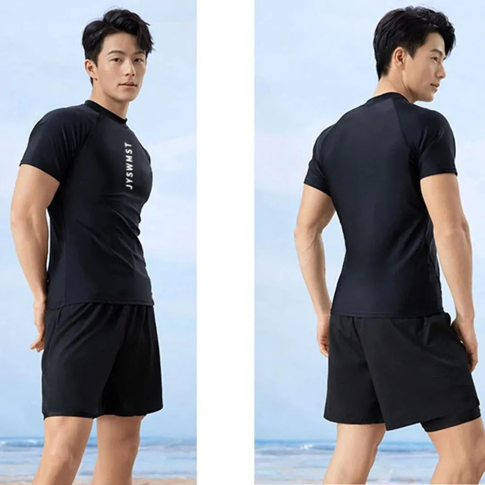 Men's patterned plus-size swim trunks with top and pants in polyester fabric