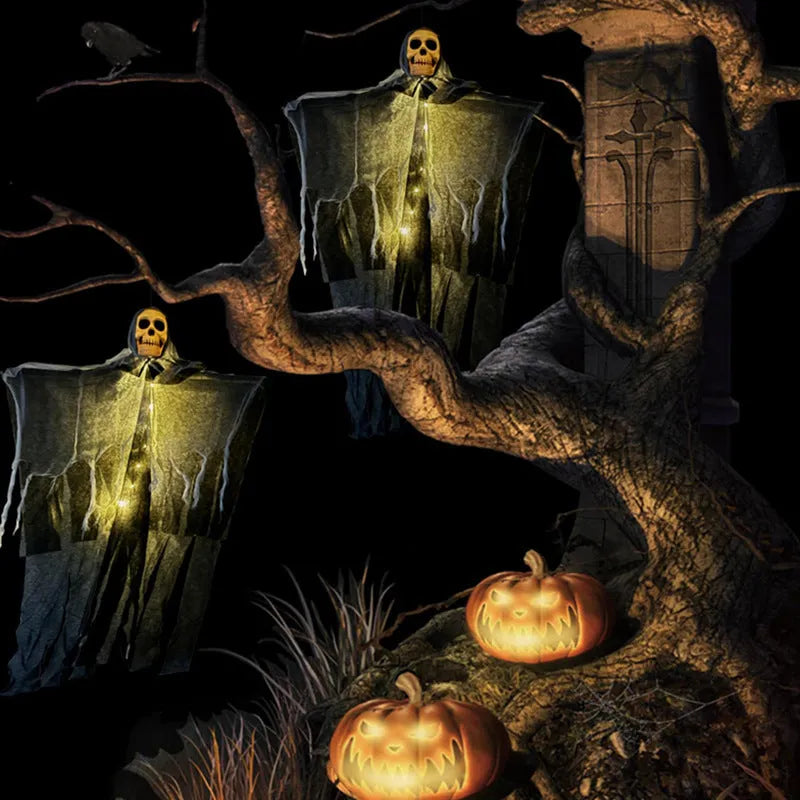 85cm hanging ghost Halloween decoration in warm colour with skull face, made from plastic, wrought iron, foam and cloth