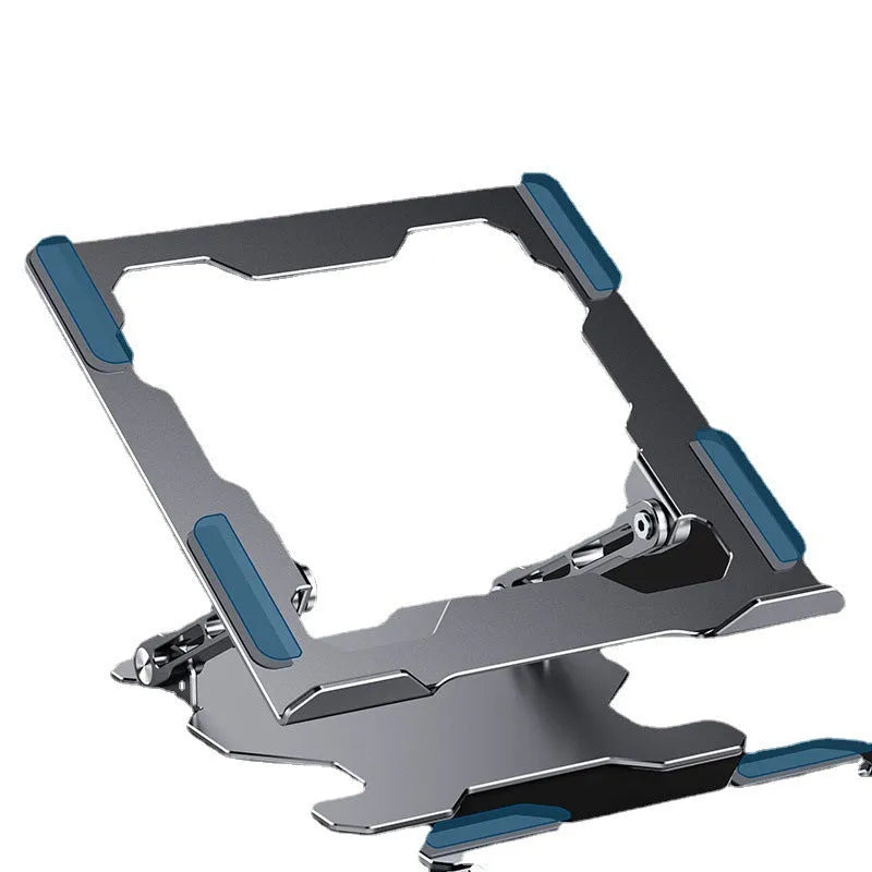 Grey aluminium adjustable and foldable laptop stand on a wooden desk.
