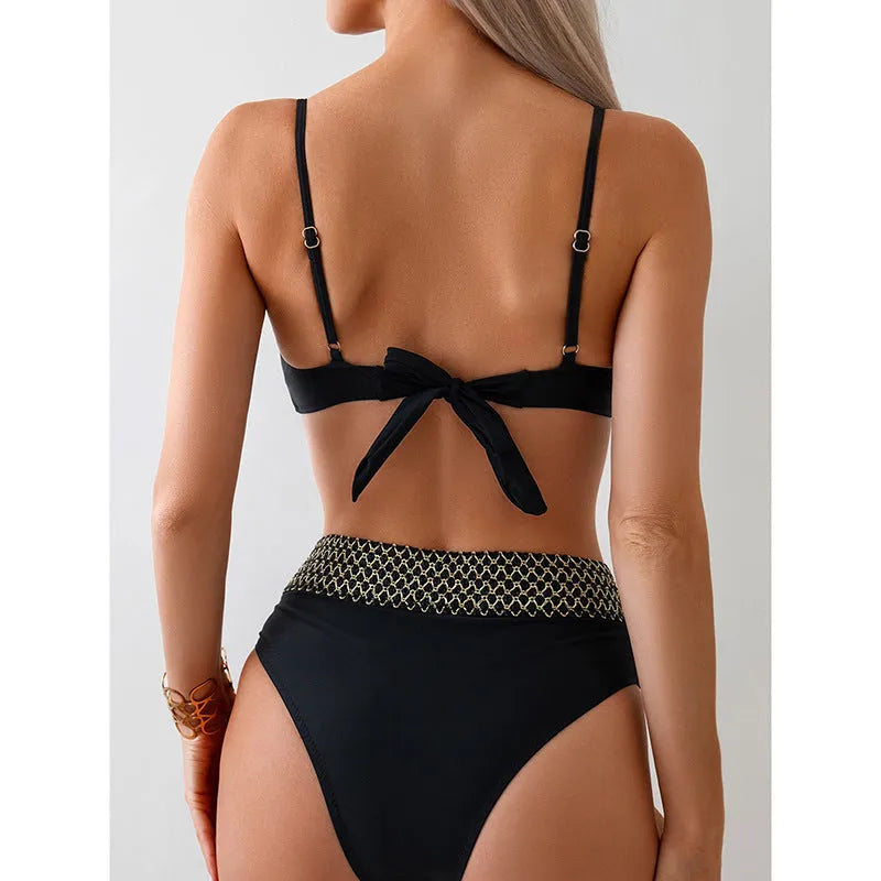 Black polyester bikini swimsuit with sleeveless top and split leg briefs European fit