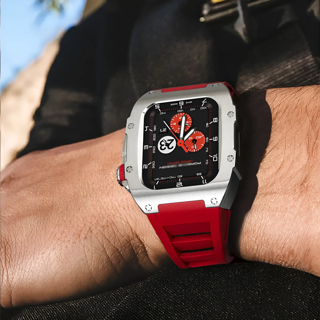Alloy modified watch protective case for Apple Watch 44mm and 45mm in titanium alloy and fluorine rubber, shown in multiple colours.
