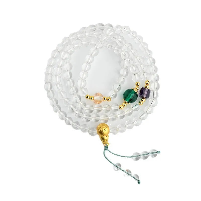 White crystal 108 bead rosary bracelet with geometric ethnic style design