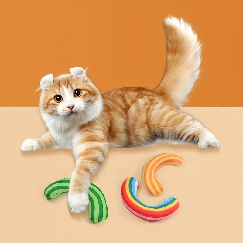Striped pattern cat pillow toy with noise maker and catnip strip measuring 23 by 20 centimetres