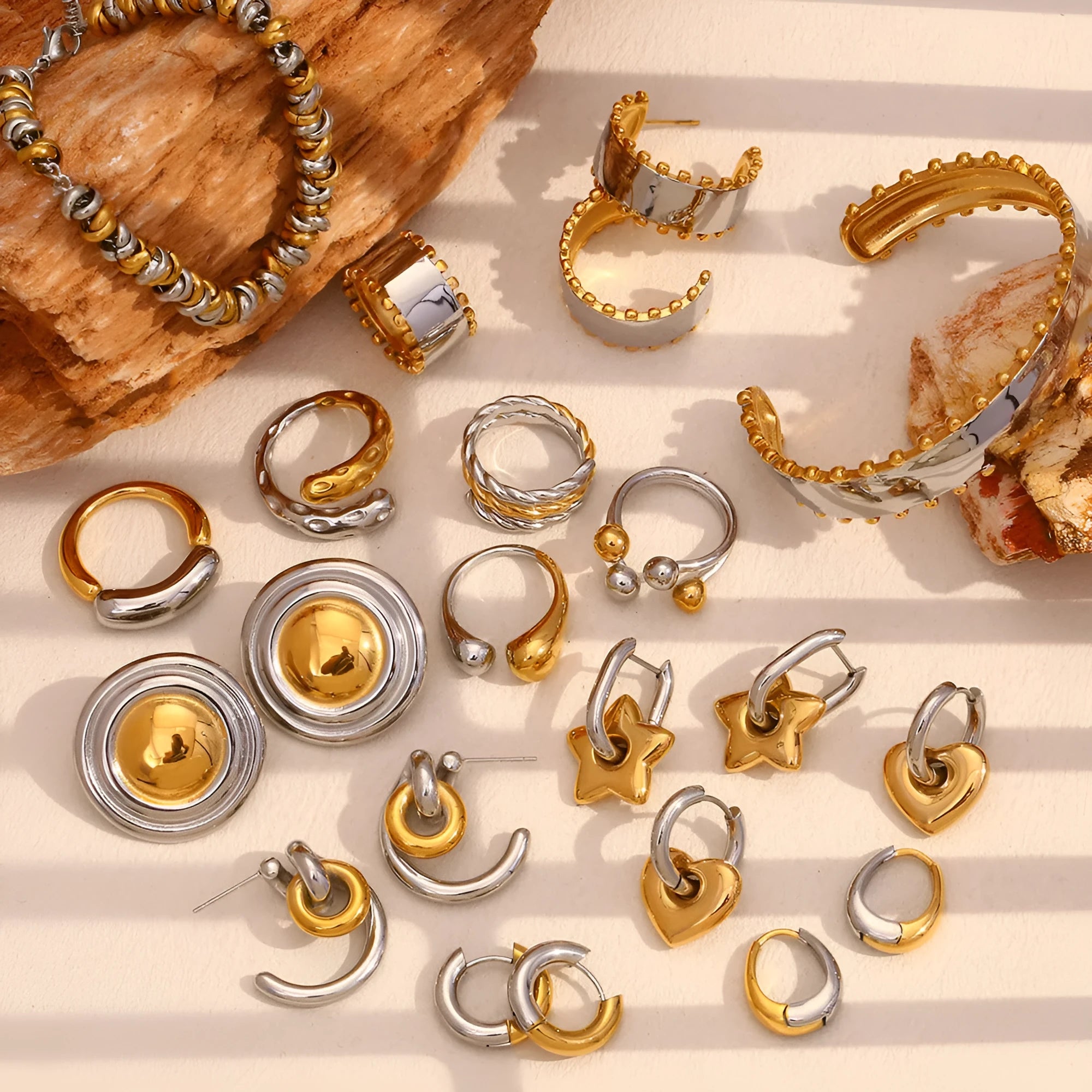 Gold stainless steel geometry ring earrings with electroplated finish for women