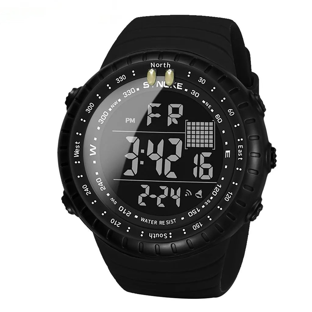 Black men's waterproof digital outdoor watch with large dial on a PU strap.