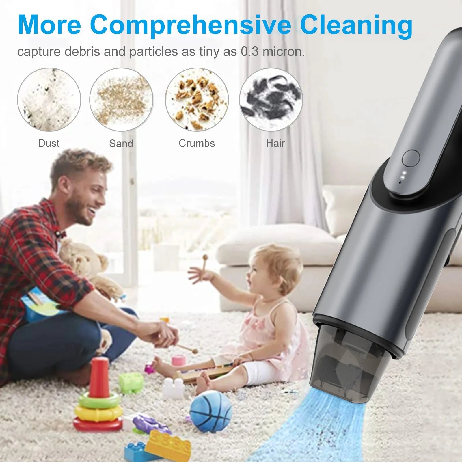 Black portable wireless handheld car vacuum cleaner with brush and flat attachments for vehicle cleaning