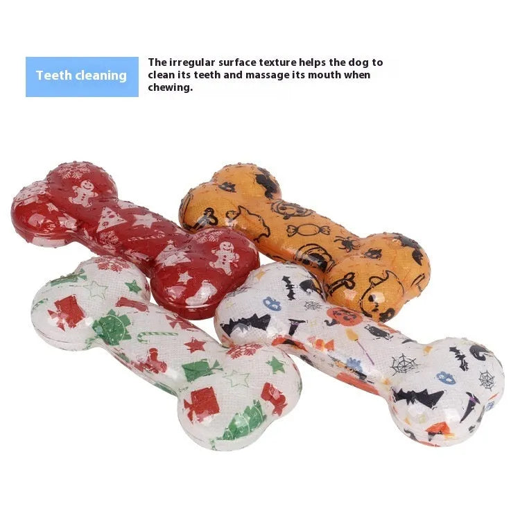 Printed bone-shaped dog toy in red and orange seasonal colours