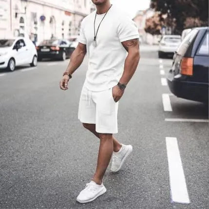 Men's casual printed t-shirt and shorts set in polyester, available in multiple colour options and sizes S to 6XL