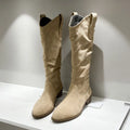 Women's chunky heel high-top riding boots in round toe with block heel, cloth khaki colour