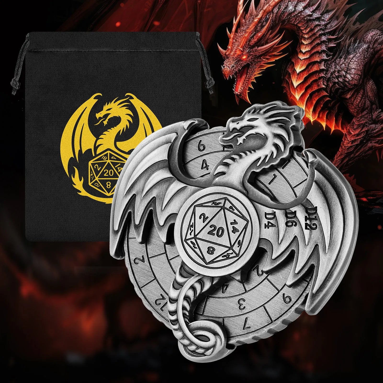 Retro metal fantasy style wings dice wheel with mechanical rotation in bronze finish