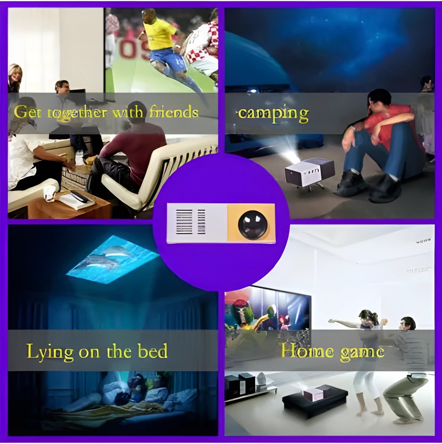 Mini LED projector YG300 in white and yellow, with lens and ventilation grilles, on a table