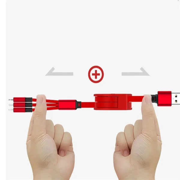 Black 3-in-1 telescopic charging cable with titanium alloy connectors extended to 120cm