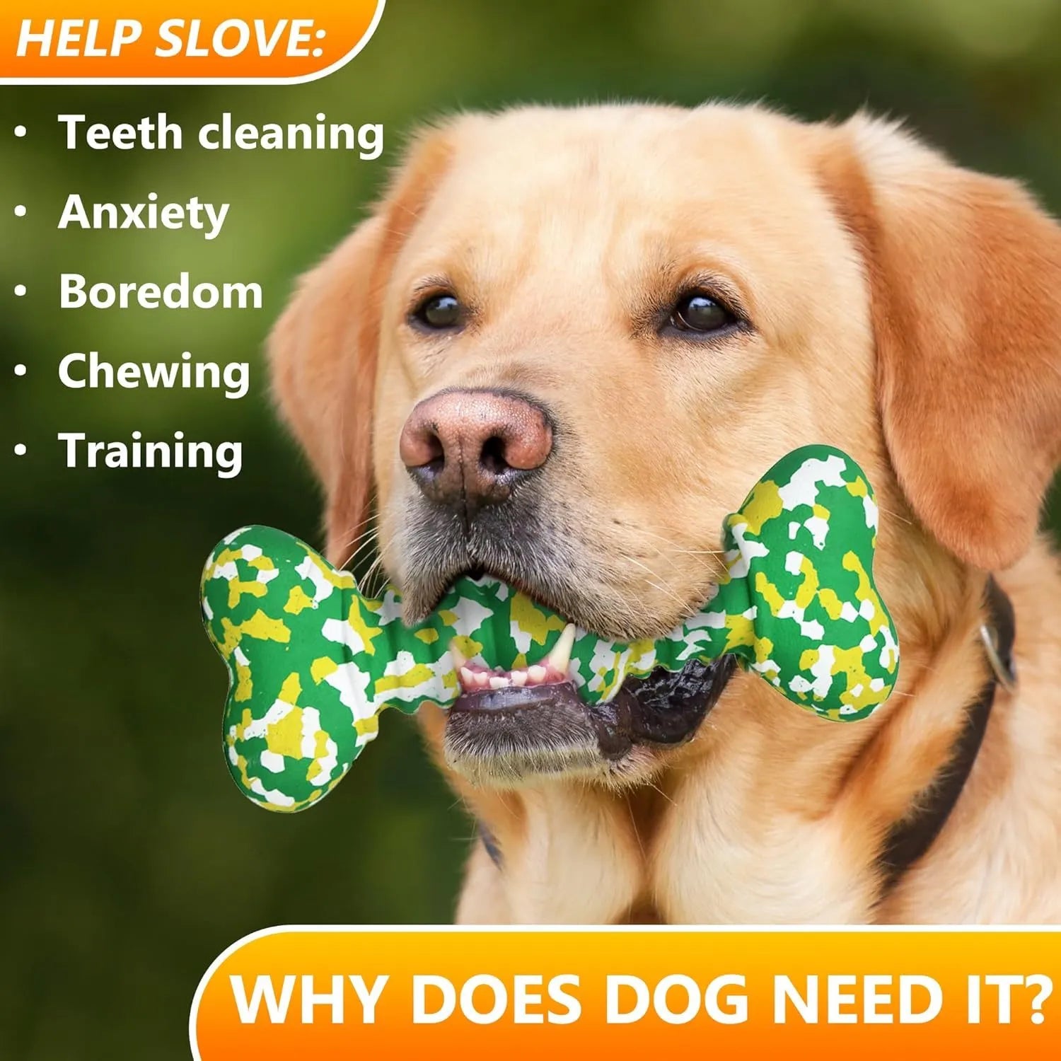 Green and white camouflage patterned natural rubber dog chew toy for large breeds on a wooden floor.