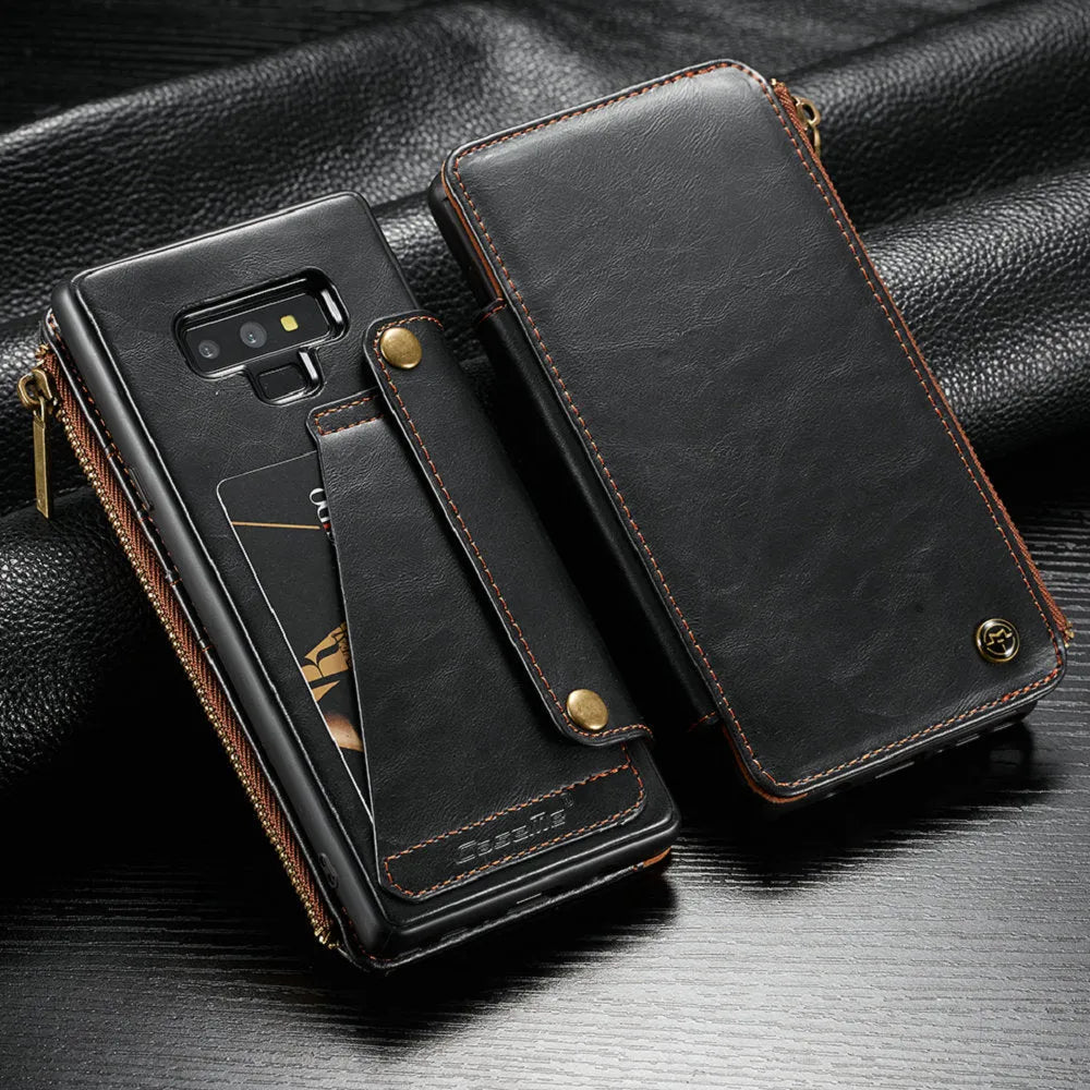 Black leather flip phone case open showing Samsung Galaxy Note9 phone inside
