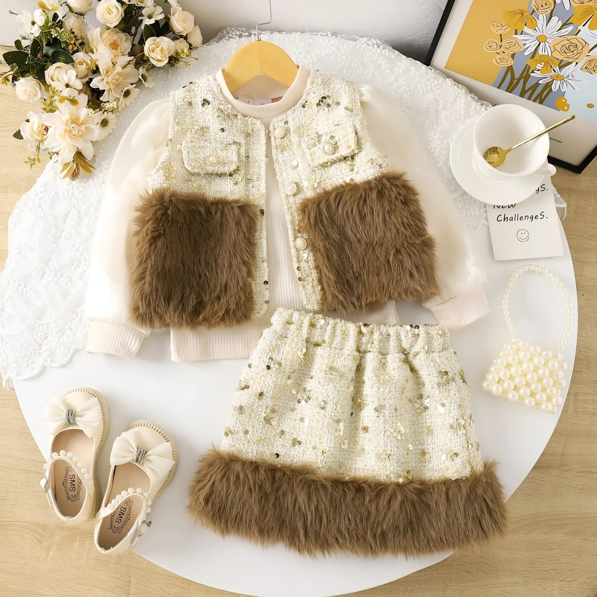 Cotton floral print long sleeve two-piece dress set for girls in apricot colour with blouse and skirt