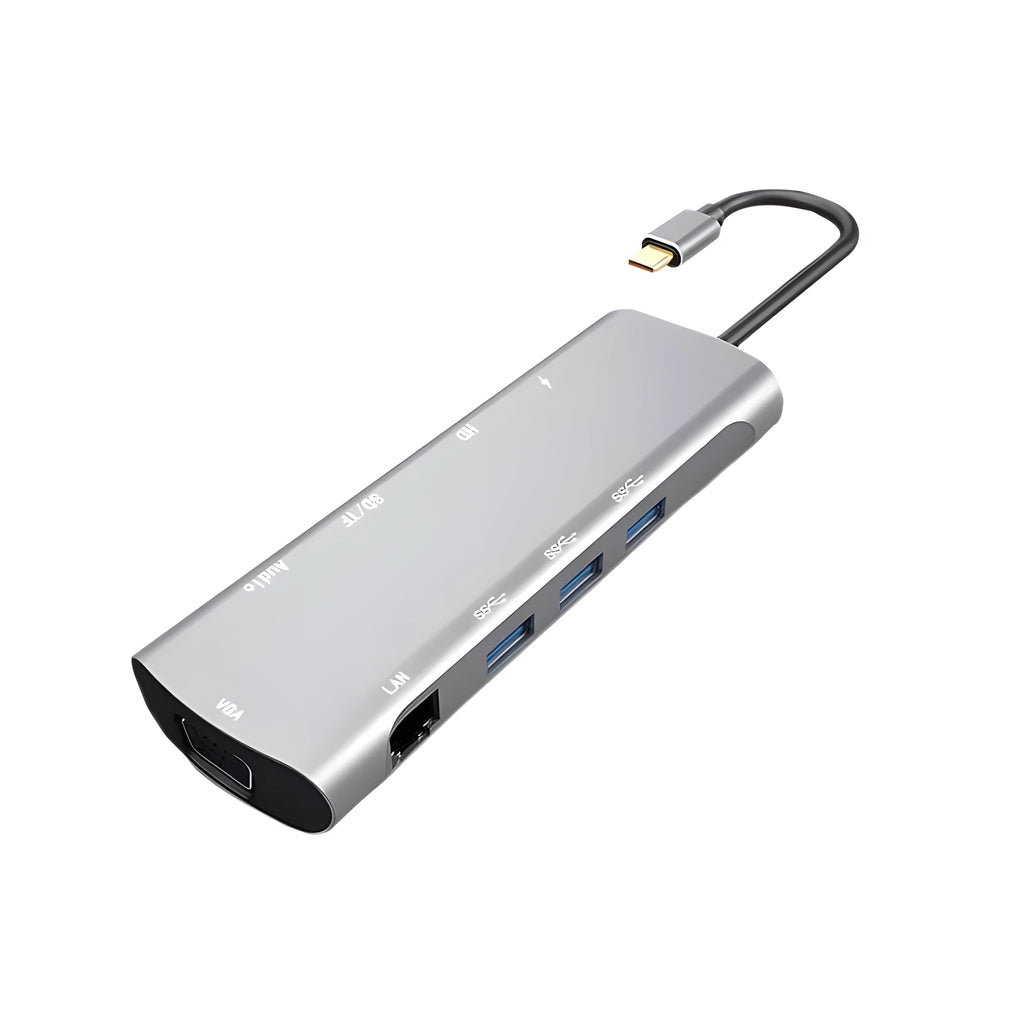 Grey aluminium USB-C docking station with 4K HDMI, VGA, and USB ports, showing 140mm attached cable.