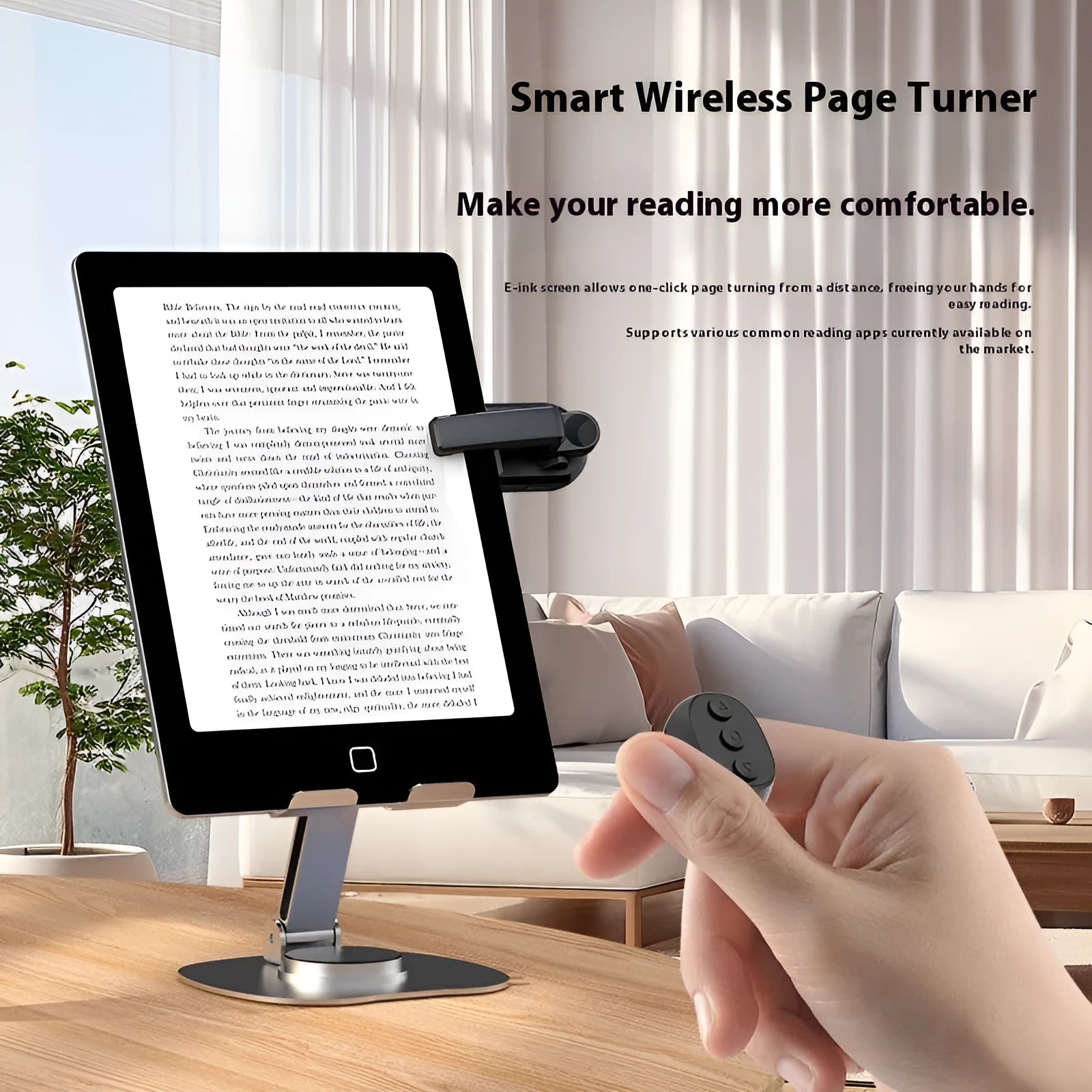 Smart wireless page turner remote control with clicker units in black, white, and pink colour options.