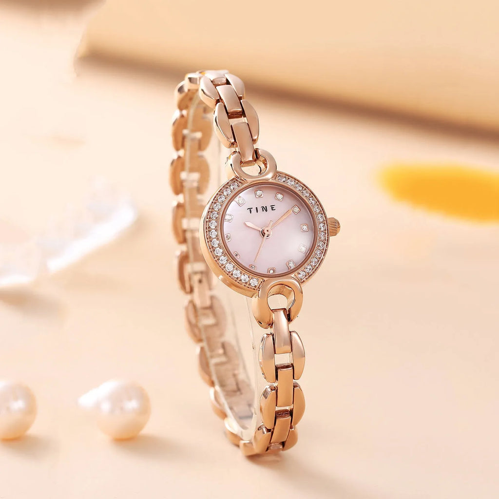 Women's fashion bracelet watch with alloy band, stainless steel buckle, 23mm case, and round or square dial.