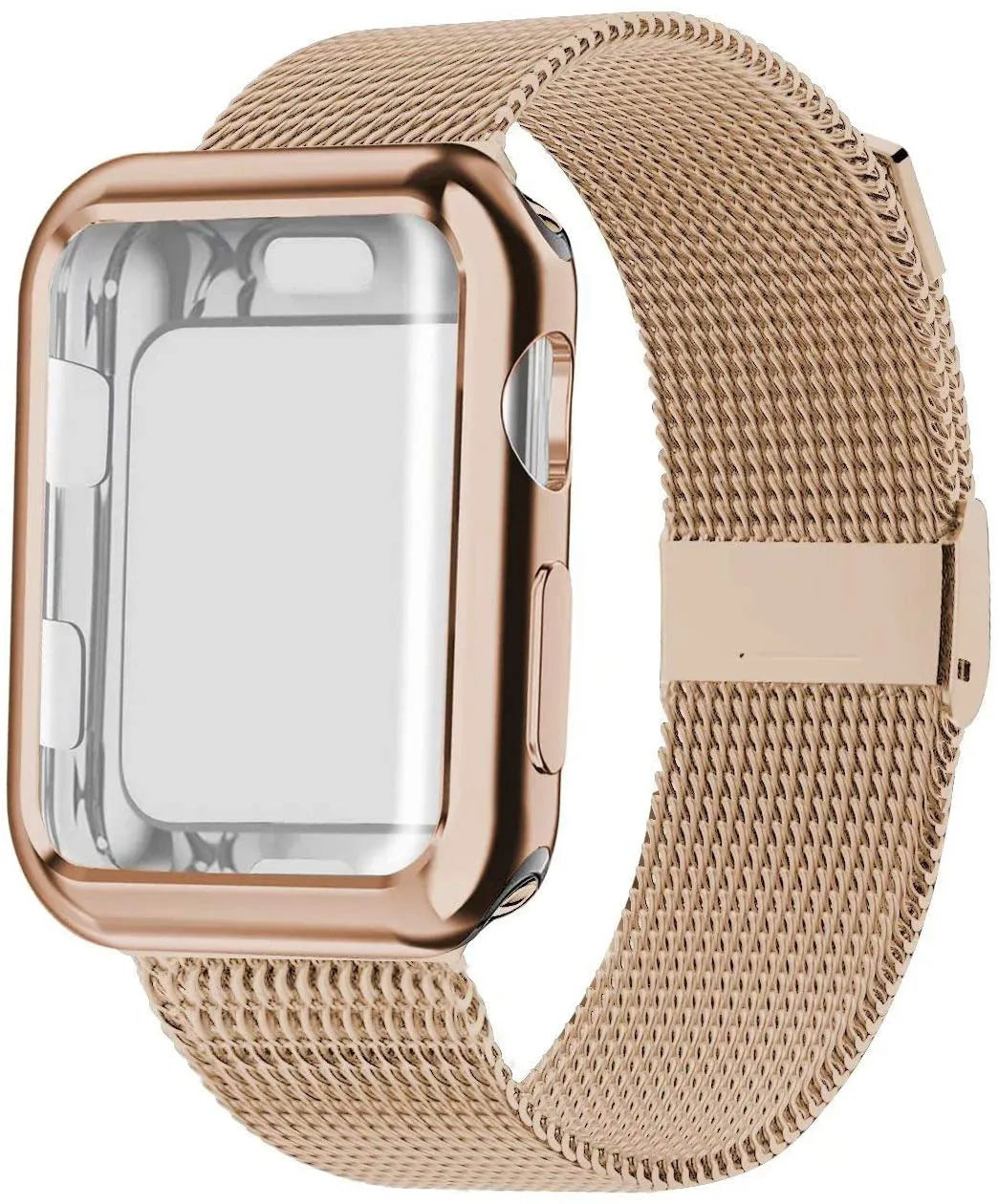 Silver magnetic Milanese loop strap attached to an Apple Watch on a wrist, showing the adjustable magnetic clasp.