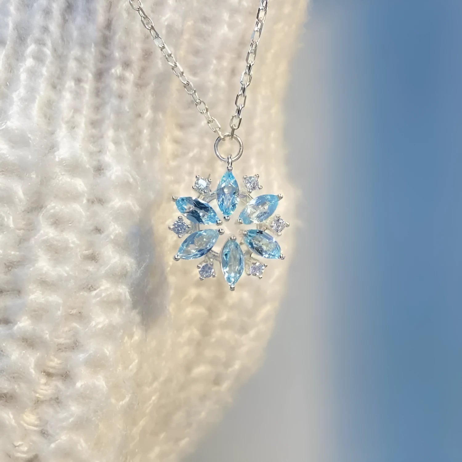 Sky blue snowflake pendant necklace with rhinestones on alloy chain