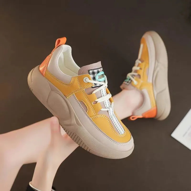 Women's fashion thick sole stitching sneakers in beige with round toe and lace-up closure